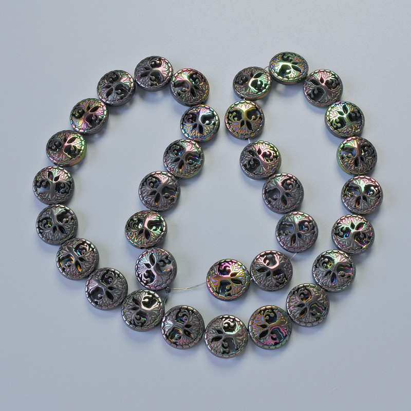 Hematite “Tree” Beads, Chameleon Colour, Diameter 12.5x4.5mm+/-, Length 41cm+/- on a Thread