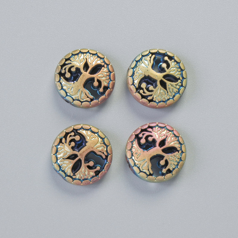 Hematite Bead "Tree" matte chameleon colour, diameter 12.5x4.5mm+- (4pcs)