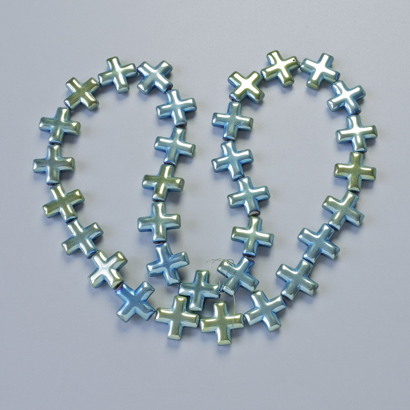Hematite Beads "Cross" green-blue colour, diameter 12.5x12.5x4mm+/-, length 40cm+/- on thread