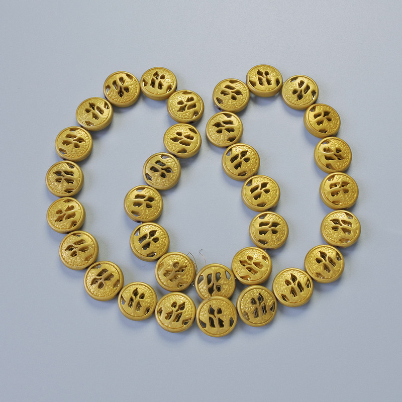 Hematite beads with matte golden colour, 12×4.5 mm, approx. 41 cm on thread
