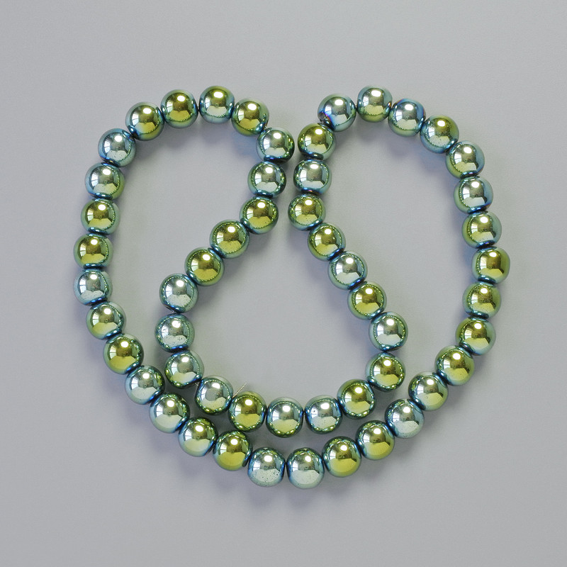 Hematite Beads, round, chameleon green colour, diameter 8mm+/-, length 42cm+/- on thread