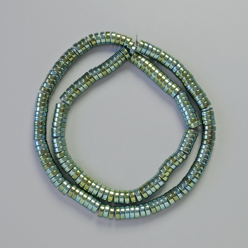 Hematite Rondelle Insert Beads, Green Chameleon Colour, Diameter 6x2mm+/-, Length 42cm+/- on a String