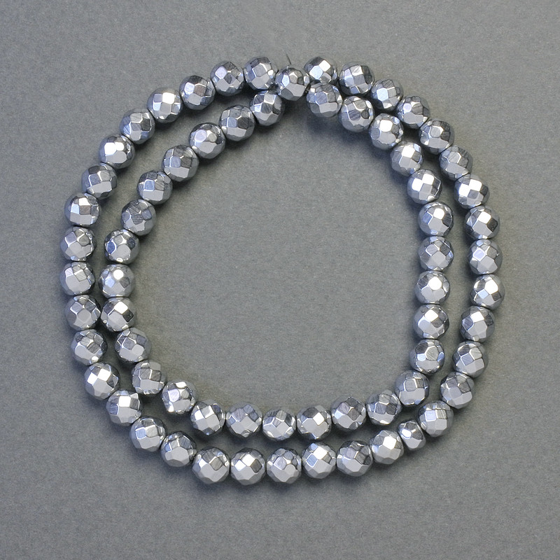 Hematite Beads Faceted Round Silver Colour, Diameter 6mm+/-, Length 41cm+/- Strand