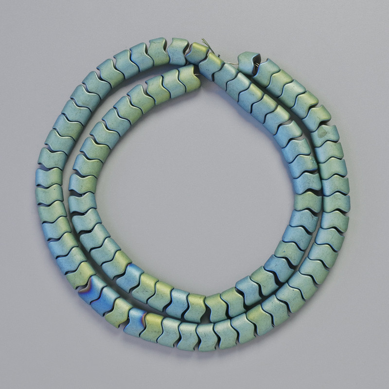 Hematite Beads Snake Zigzag Wave Matte Green Chameleon Colour, Diameter 7x5x5mm+-, Length 42cm+- Strand