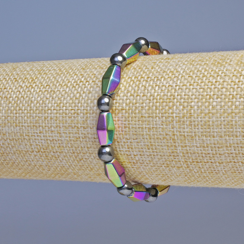 Hematite Bracelet, Petrol Colour Bicone Diameter 13x7mm+- and Black Round Bead Diameter 6mm+-, Length 18cm+- Stretch