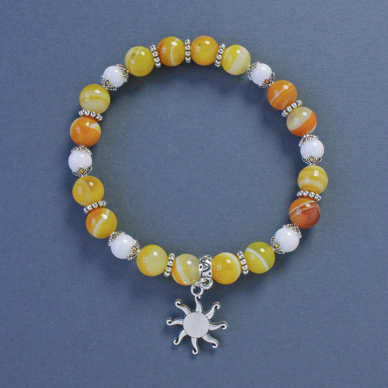 Bracelet Agate yellow and white smooth beads, diameter 8mm±, diameter 6mm±, length 18cm± stretchy with Sun pendant