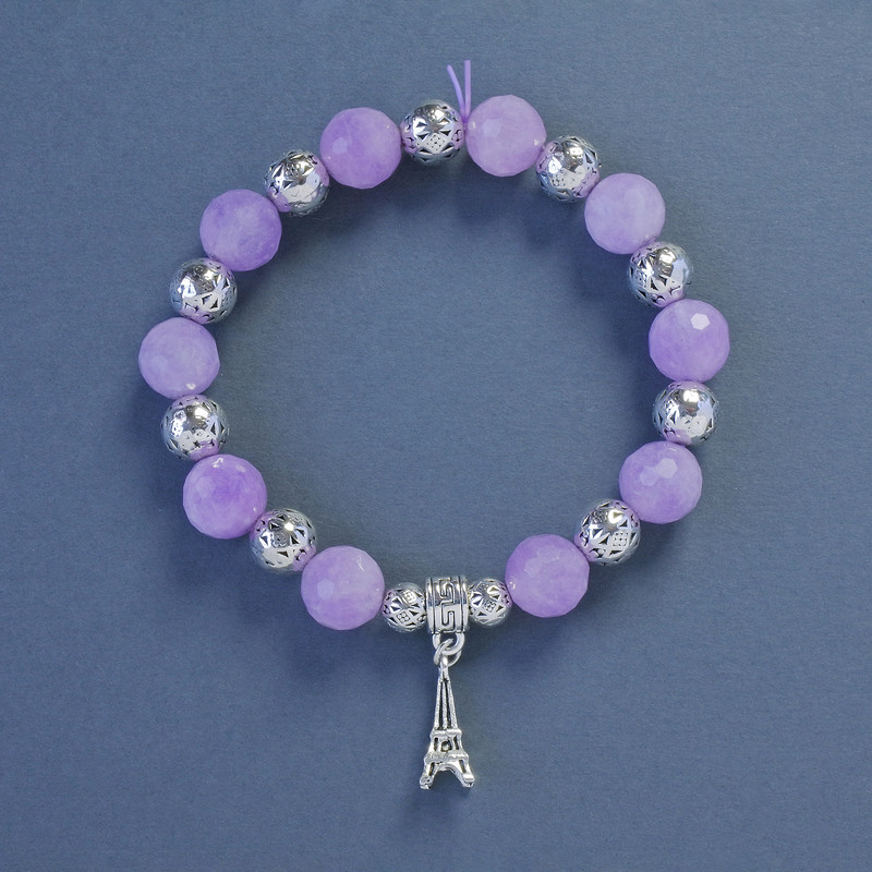 Amethyst Bracelet, 10mm± beads, length 18cm±, stretch with Eiffel Tower pendant