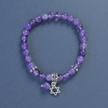 Amethyst Bead Bracelet, smooth round beads 6mm dia., stretchy 18cm length, with Star of David pendant