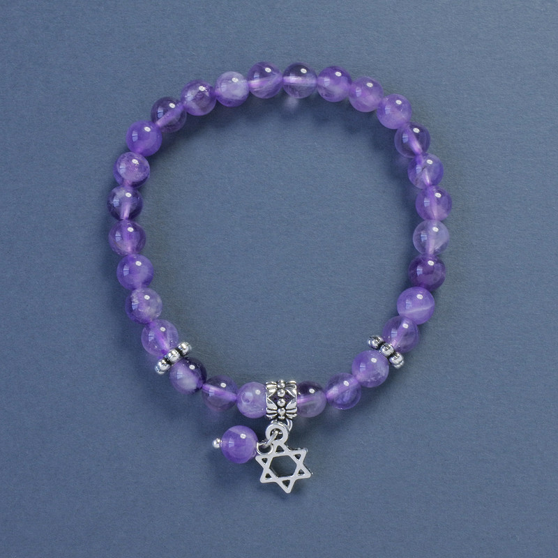Amethyst Bead Bracelet, smooth round beads 6mm dia., stretchy 18cm length, with Star of David pendant