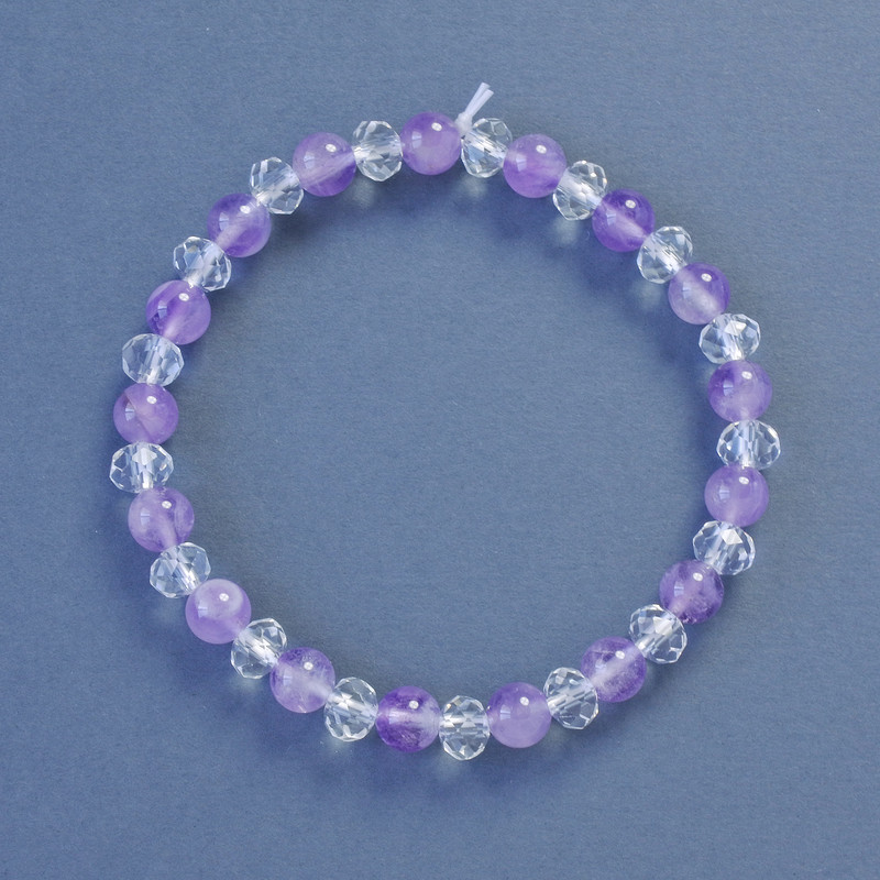 Amethyst and Czech Glass Bracelet with Smooth 6mm Beads, 18cm Stretch Length