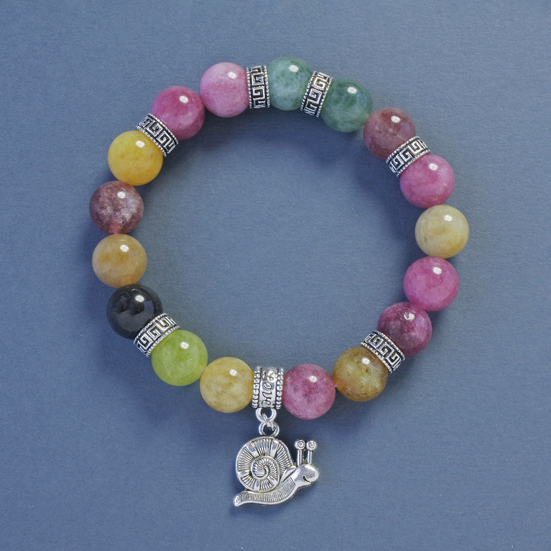 Tourmaline Bracelet, Smooth Round Beads, Diameter 10mm+-, Length 18cm+- Stretch with Snail Charm