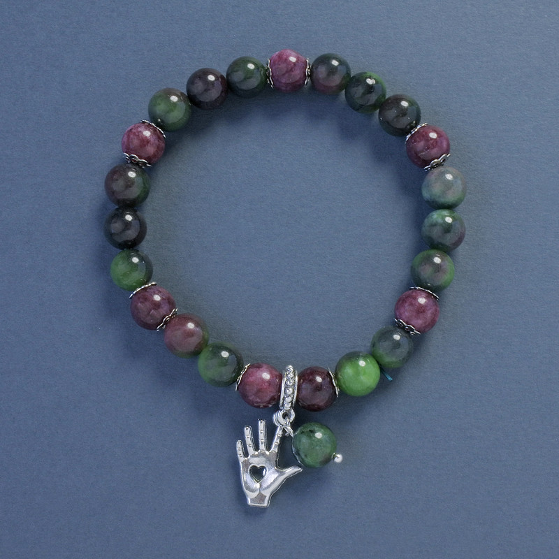 Tourmaline and Jasper Bracelet, Smooth Round Beads, Diameter 8mm+-, Length 18cm+- Stretch with Palm Charm