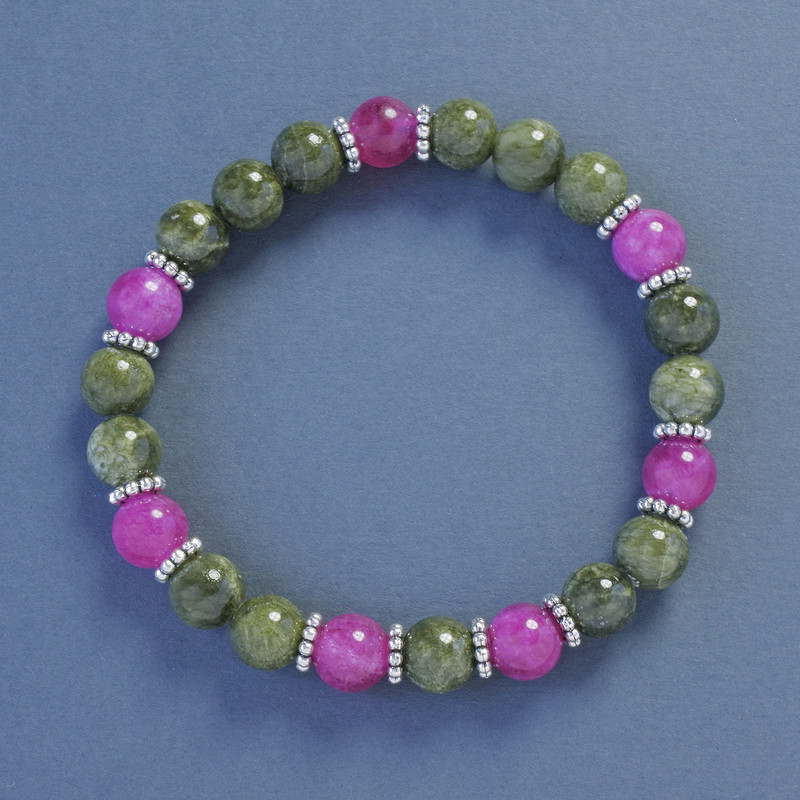 Serpentine and Tourmaline (imitation acrylic) Bracelet, smooth round beads, diameter 8mm+/-, length 18cm+/- stretch with inserts