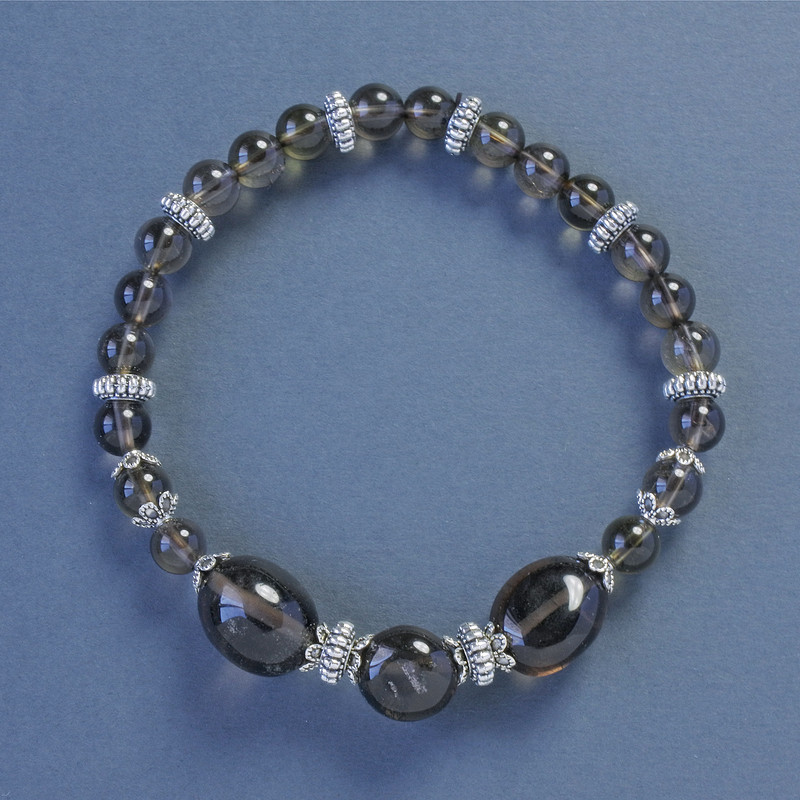 Smoky Quartz Bracelet, round beads, diameter 6mm+/-, tumbled, diameter 10x12mm+/-, length 18cm+/- stretch with inserts
