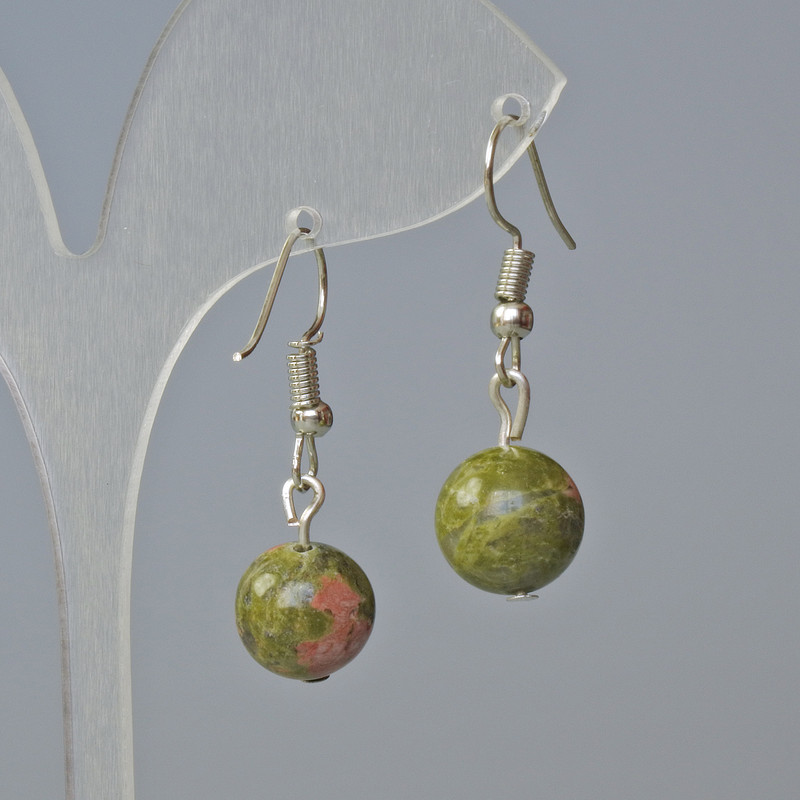 Unakite Smooth Ball Earrings, diameter 11mm+-, length 30mm+
