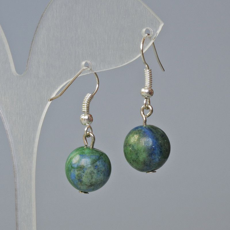 Azurite Earrings, smooth bead, diameter 12mm+/-, length 30mm+
