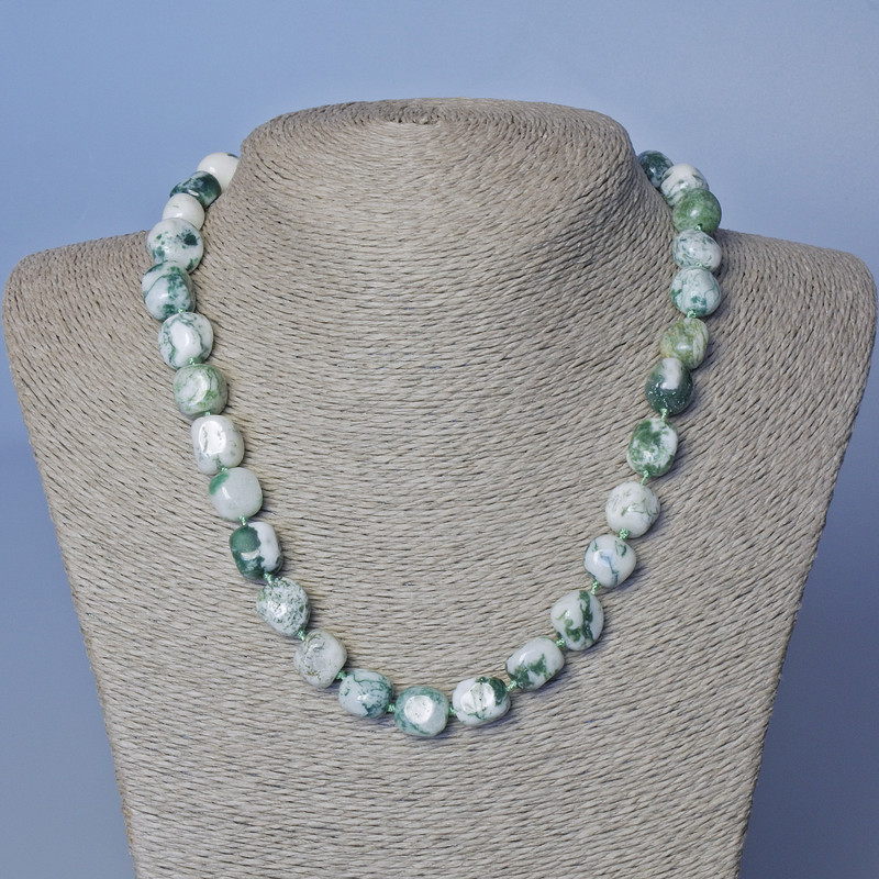 Moss Agate Necklace, natural stone tumbled bead, diameter 10mm+/-, length 48cm+