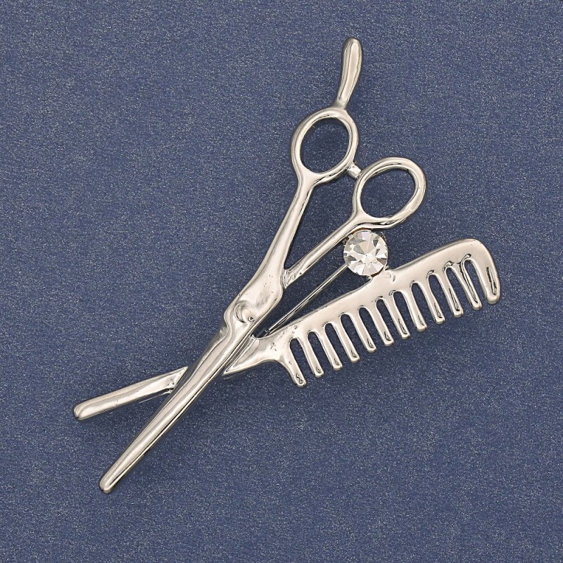Comb and Scissors Brooch White Rhinestone Silver-Tone Metal 47x32mm+