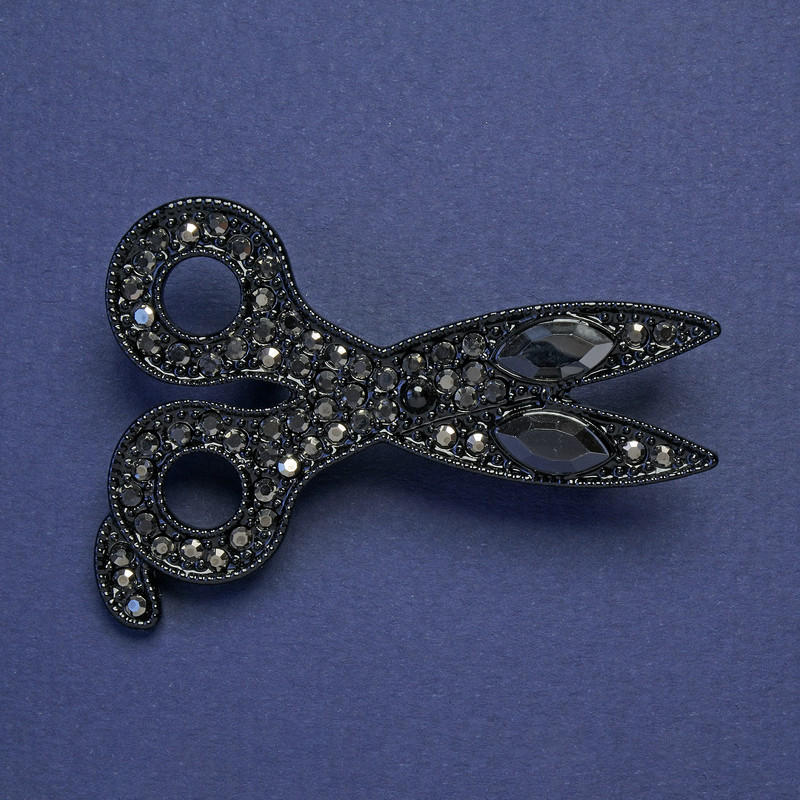 Scissors Brooch-Pendant Black Enamel Black Rhinestones Silver-Tone Metal 54x39mm+