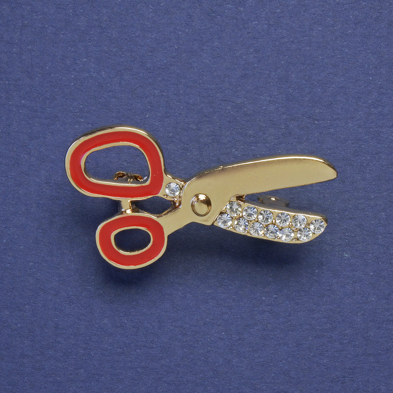 Scissors Brooch Red Enamel White Rhinestones Gold-Tone Metal 32x18mm+