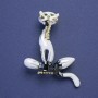 Cat Brooch-Pendant White Black Enamel Rhinestones Gold-Tone Metal 45x40mm+