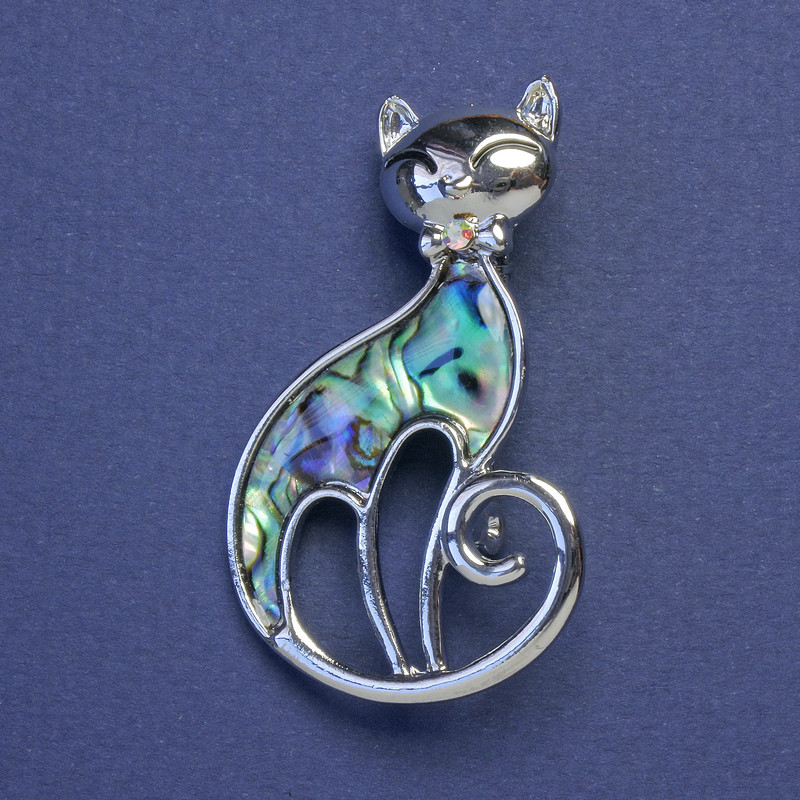 Cat Brooch-Pendant Abalone Silver-Tone Metal 48x29mm+