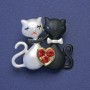 Cats in Love Brooch, black and white enamel, red rhinestones, gold-tone metal, 28x33mm+
