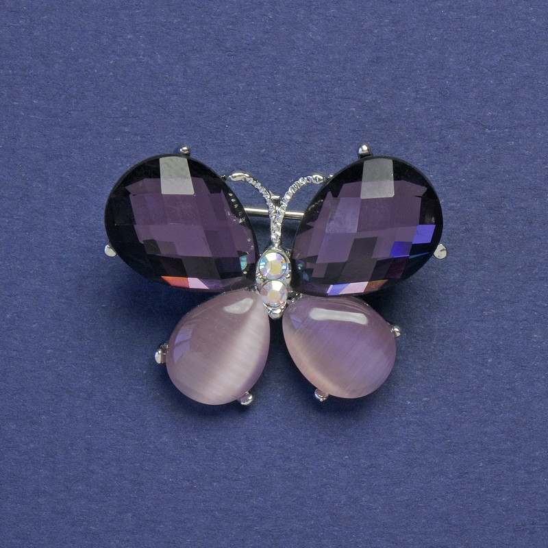 Butterfly Brooch-Pendant Purple Rhinestones & Pink Cat's Eye Silver-Coloured Metal 22x27mm+