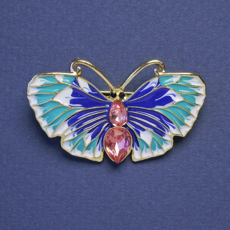 Butterfly Brooch Light Blue Blue White Enamel Pink Rhinestones Gold-Coloured Metal 24x40mm+