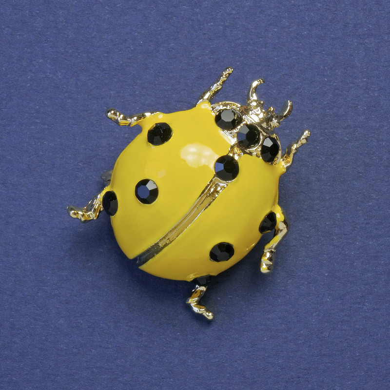 Ladybird Brooch Yellow Enamel Black Rhinestones Metal 29x27mm+