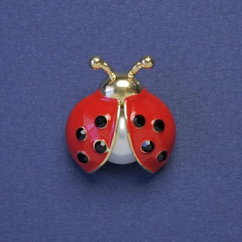 Ladybird Brooch Red Enamel Black Rhinestones with Pearl Gold-Coloured Metal 23x21mm+