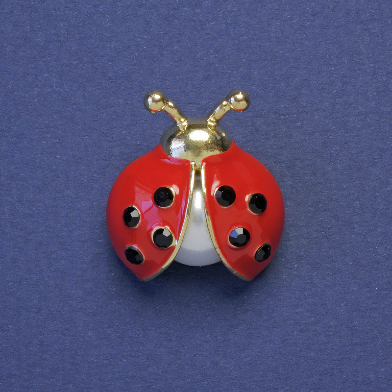 Ladybird Brooch Red Enamel Black Rhinestones with Pearl Gold-Coloured Metal 23x21mm+