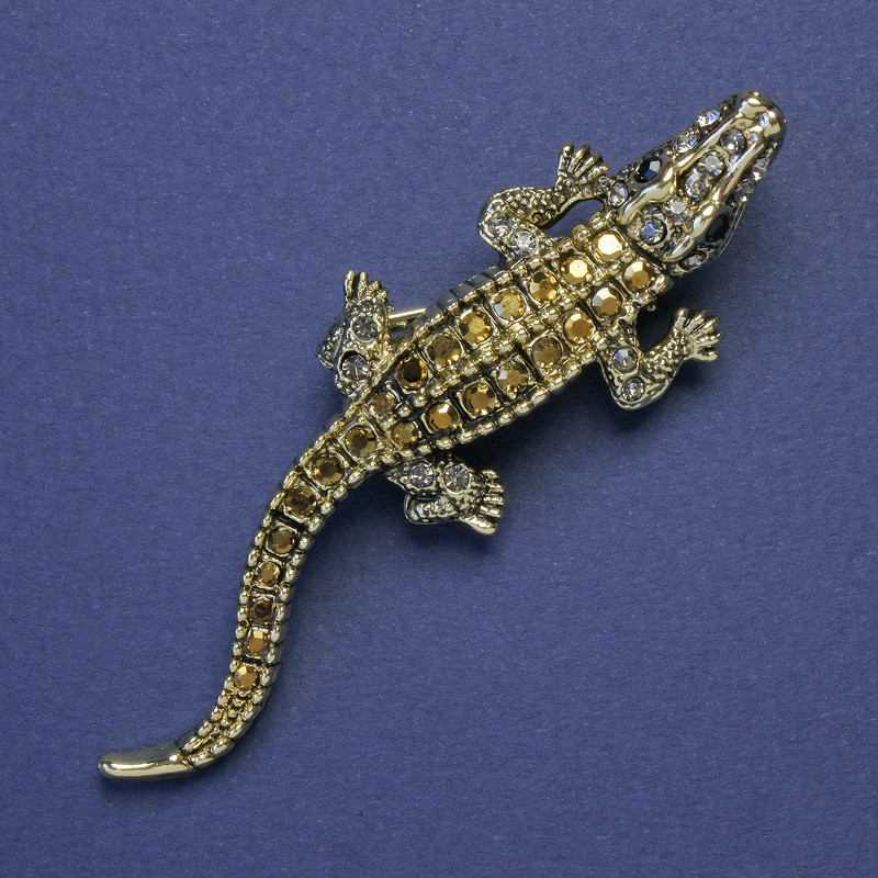 Crocodile Brooch-Pendant Gold Rhinestones Gold-Coloured Metal 75x21mm+