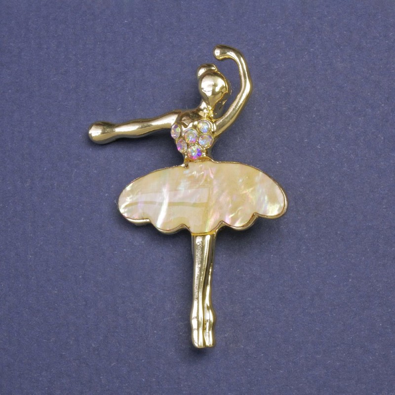 Ballerina Brooch-Pendant Abalone Rhinestones Petrol Gold-Coloured Metal 30x43mm+