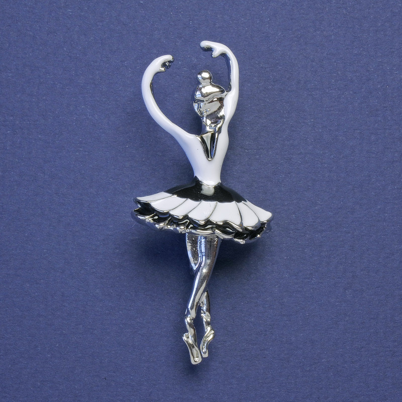Ballerina Brooch-Pendant, Black & White Enamel, Silver-Tone Metal, 24x58mm+