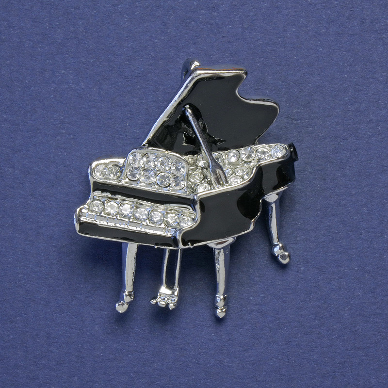 Piano Brooch-Pendant, Black Enamel, White Rhinestones, Silver-Tone Metal, 28x31mm+