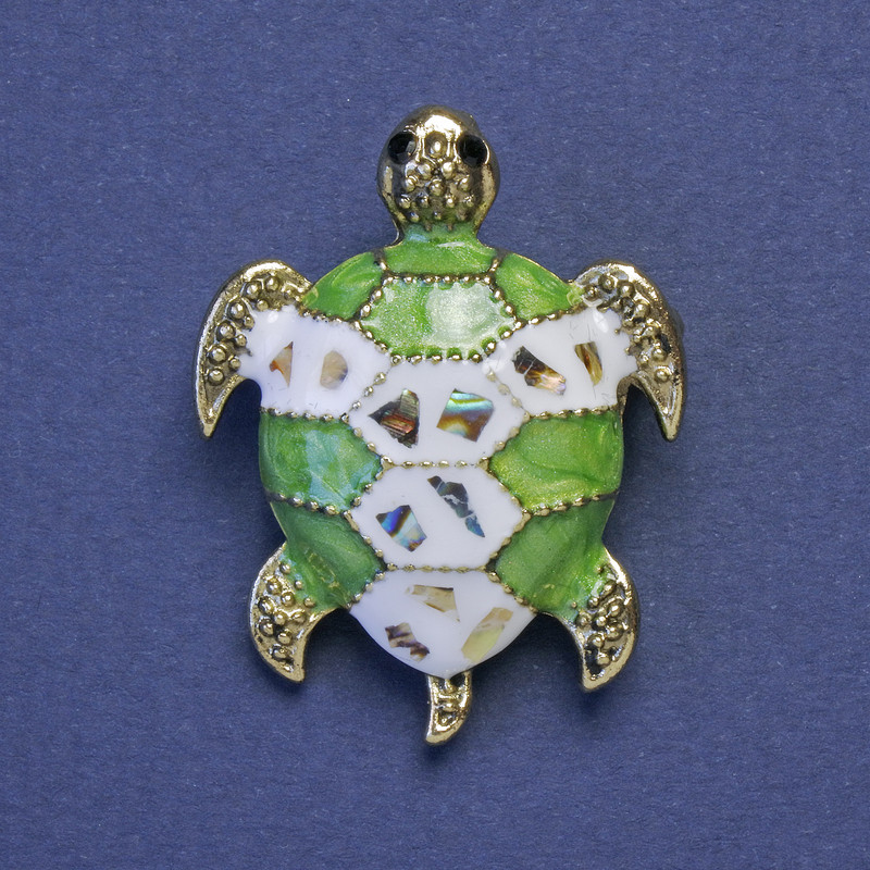 Turtle Brooch-Pendant, Green & White Enamel, Haliotis Abalone, Gold-Tone Metal, 27x35mm+