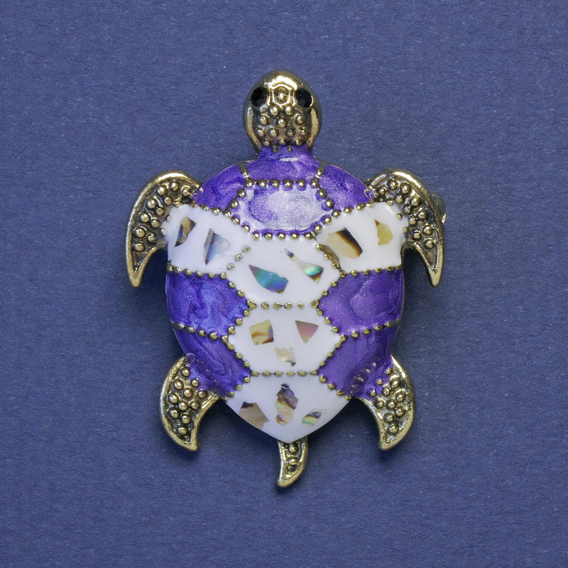 Turtle Brooch-Pendant, Lilac & White Enamel, Haliotis Abalone, Gold-Tone Metal, 27x35mm+