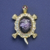 Turtle Brooch-Pendant, Lilac Shell, Petrol Rhinestones, Gold-Tone Metal, 41x27mm+