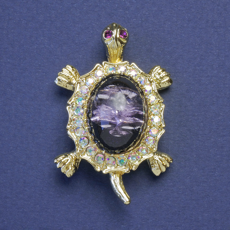 Turtle Brooch-Pendant, Lilac Shell, Petrol Rhinestones, Gold-Tone Metal, 41x27mm+