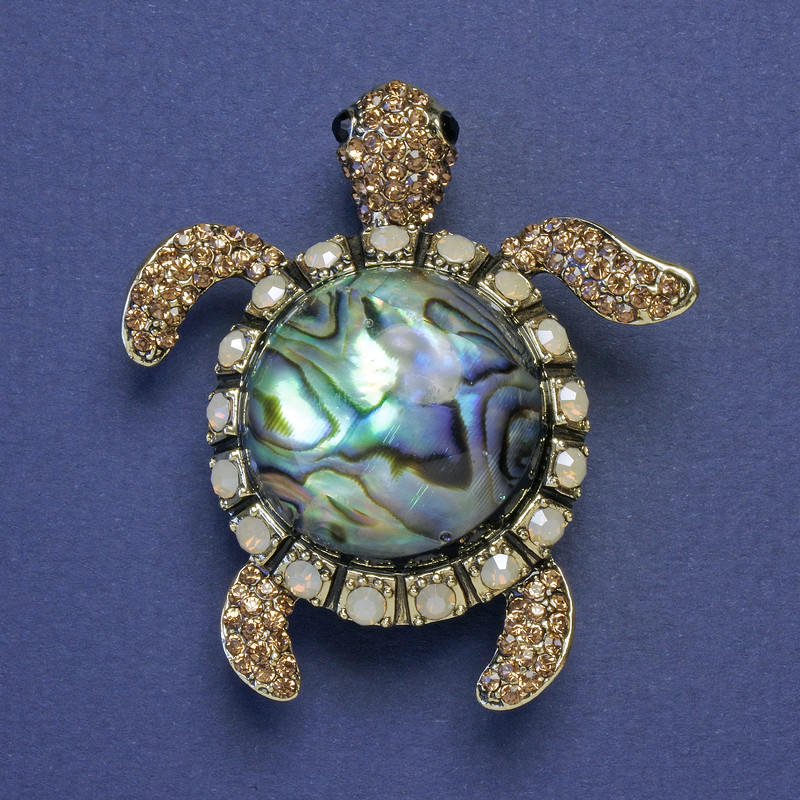 Turtle Brooch-Pendant, Haliotis Abalone, Gold Rhinestones, Gold-Tone Metal, 51x46mm+