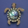 Turtle Brooch-Pendant, Haliotis Abalone, Gold Rhinestones, Gold-Tone Metal, 51x46mm+
