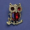 Owl Brooch-Pendant, Red Crystals, Gold-Tone Metal, 34x25mm+