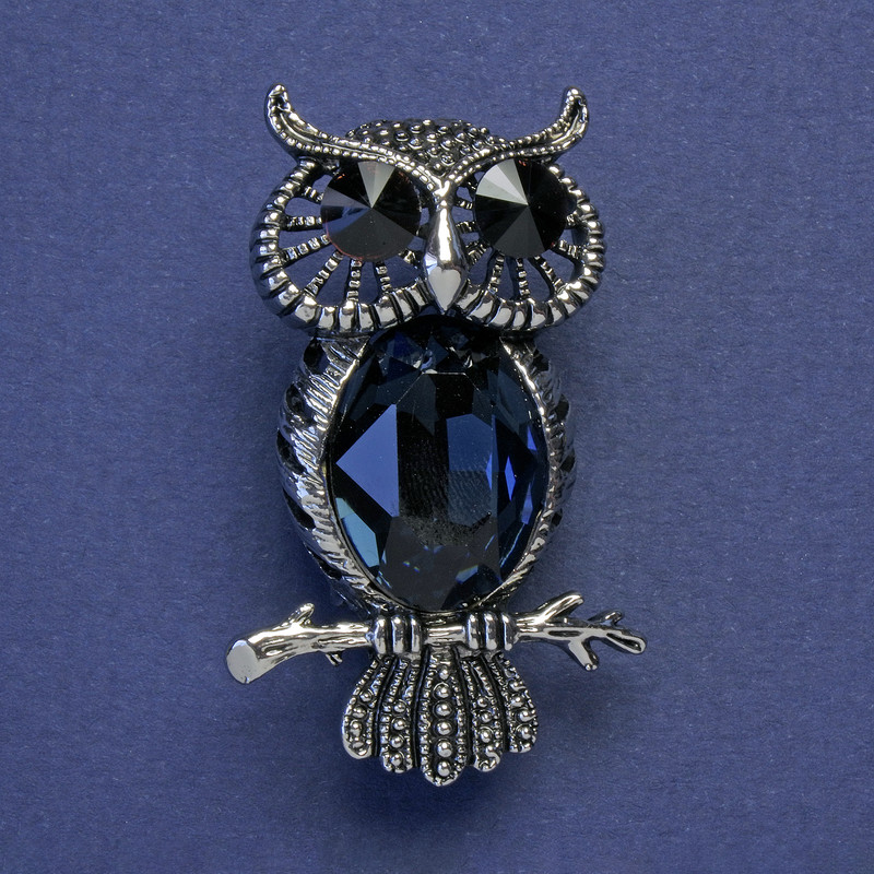 Owl Brooch, Black & Blue Crystals, Silver-Tone Metal, 43x26mm+