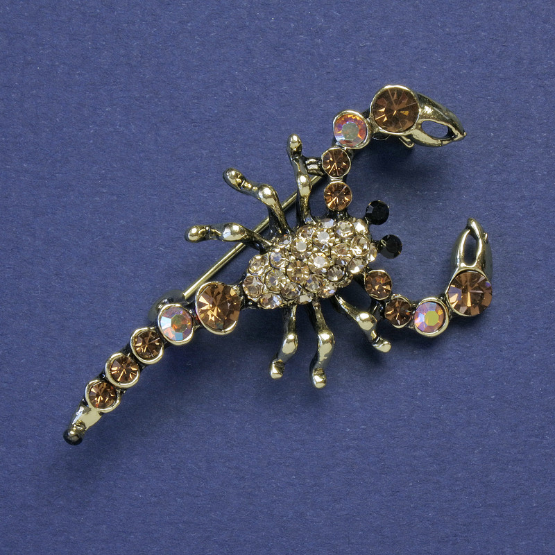 Scorpion Brooch, Gold Rhinestones & Petrol Sheen, Gold-Tone Metal, 47x25mm +