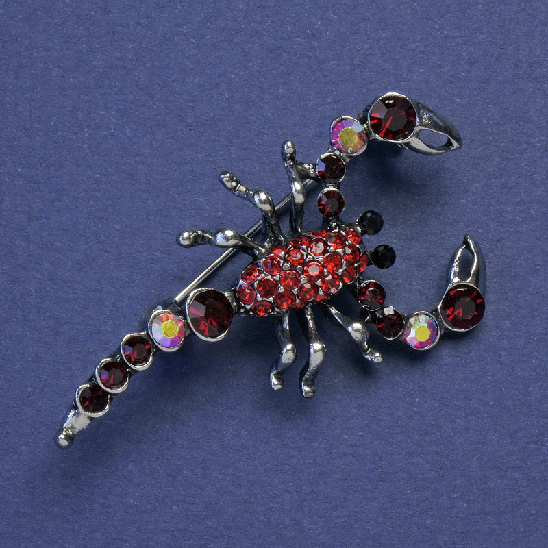 Scorpion Brooch, Red Rhinestones, Silver-Tone Metal, 47x25mm +