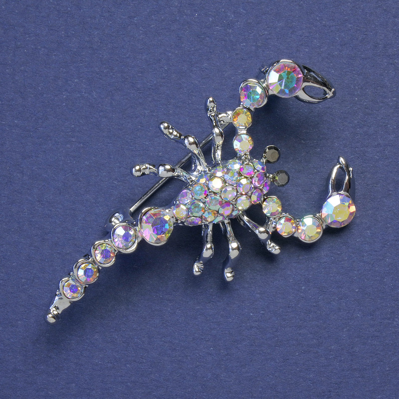 Scorpion Brooch, Petrol Rhinestones, Silver-Tone Metal, 47x25mm +