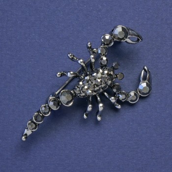 Scorpion Brooch, Black Rhinestones, Silver-Tone Metal, 47x25mm +