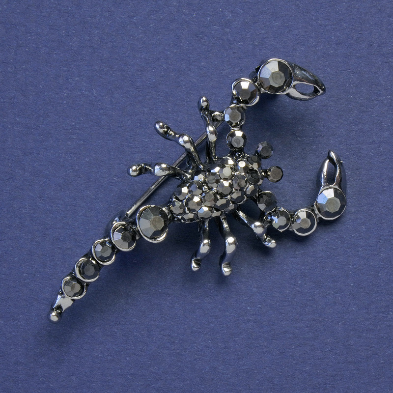 Scorpion Brooch, Black Rhinestones, Silver-Tone Metal, 47x25mm +