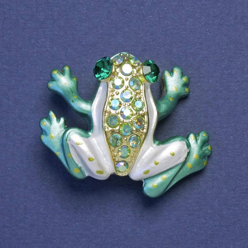 Frog Brooch-Pendant, Green & White Enamel, Petrol Rhinestones, Gold-Tone Metal, 35x28mm +
